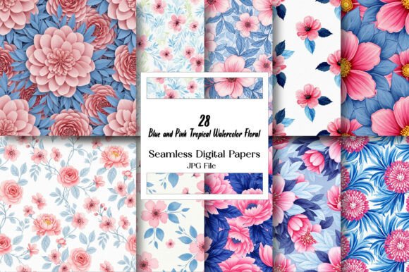 Blue and Pink Tropical Watercolor Floral