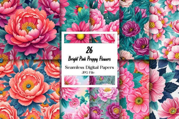 Bright Pink Preppy Flowers Digital Paper