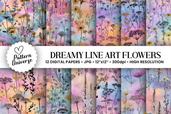 Dreamy Line Art Flowers Digital Papers