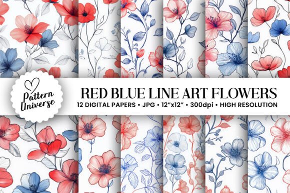 Red Blue American Line Art Flowers