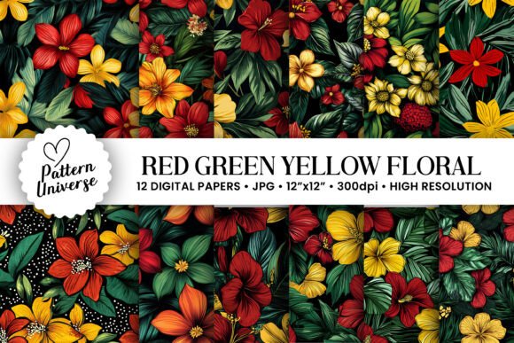 Red Green Yellow Flowers Digital Papers